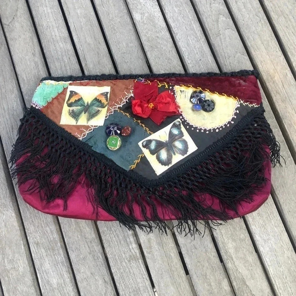 Vintage Boho Art to Wear Hand Crafted Patchwork Butterfly Evening Bag - Picture 1 of 6